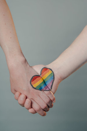 Lesbian couple holding hands with heart painted in LGBT flag colors on grey backgroundの写真素材