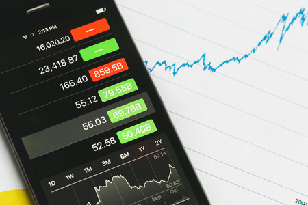 Smartphone with financial chart on screen, stock market analysis concept.