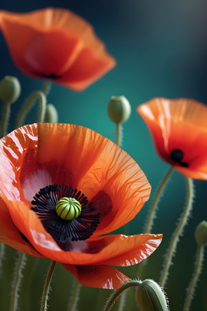 poppies on a dark green background, macro, selective focusの写真素材