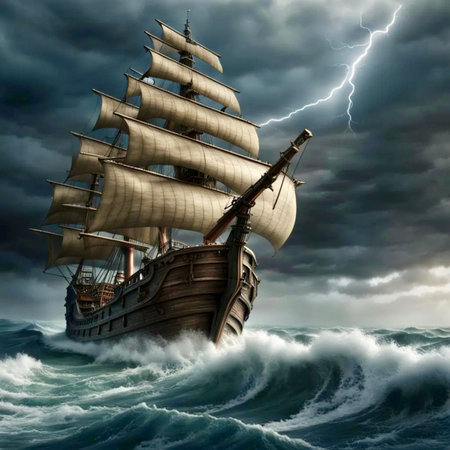Pirate ship in stormy sea - 3D rendered illustration.