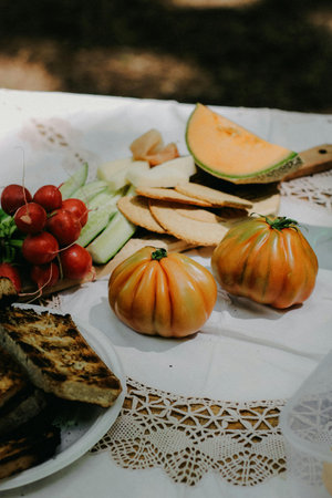 catering wedding buffet with fruits and vegetables, food styling and restaurant meal serving