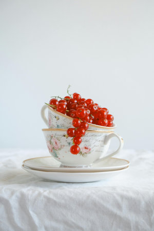 Red currant in a cup on a white tablecloth, copy spaceの写真素材
