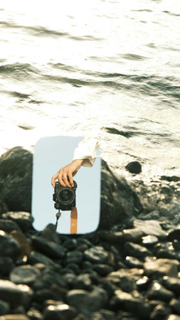 Photographer with a camera on the beach. Filtered image processed vintage effect.の写真素材