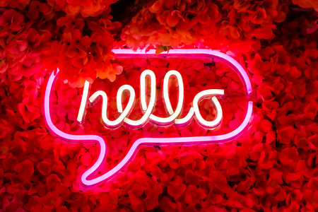 Neon sign hello in the shape of a speech bubble with flowersの写真素材