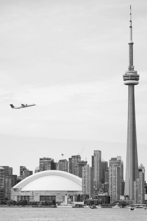 Toronto city skyline and CN Tower in Ontario, Canada in black and whiteの写真素材