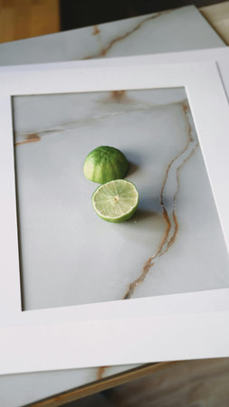Fresh lime on white marble table. Close up. Selective focus.
