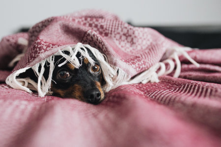 Cute little dachshund dog wrapped in a blanket.の写真素材