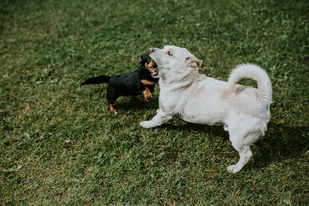 Two dogs playing on the green grass in the park. Selective focus.の写真素材