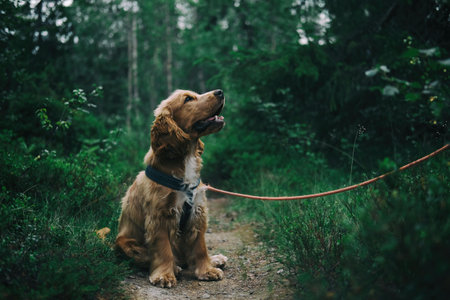 Cocker Spaniel dog on a leash in the summer forest.の写真素材
