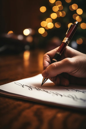 Female hand writing letter to Santa Claus on wooden table with Christmas lights in backgroundの写真素材