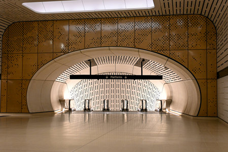 Interior of a modern metro station in Hong Kong, China.