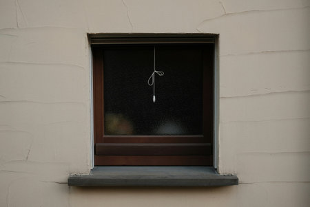 Window with a hook in the wall of a building on a rainy day