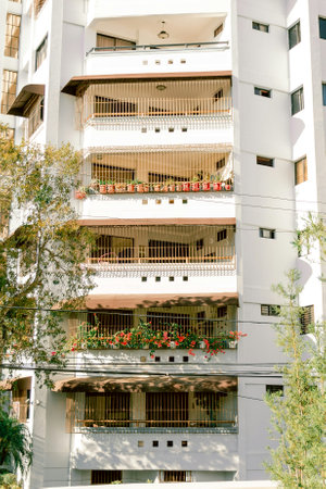 Modern apartment buildings with balconies in Barcelona, Catalonia, Spain.の写真素材
