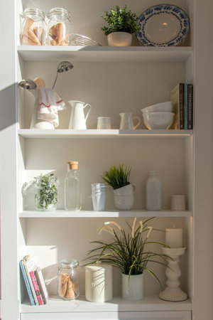 White shelves with utensils and plants. Interior design concept.