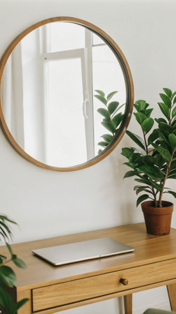 Interior of an office space with a potted plant and a laptop on a wooden deskの写真素材
