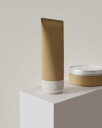 Mockup of blank cosmetic container on white cube. 3d renderingの写真素材
