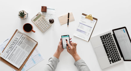 Businesswoman using mobile phone at office desk, top view. Business concept