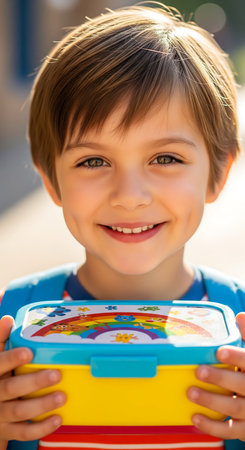 Cute little boy holding a colorful box with a magnetic board.の素材
