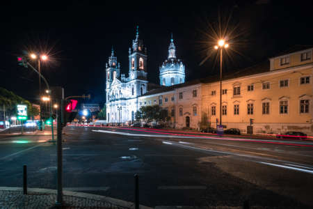 Cathedral and long exposure at night city of Lisbon Portugalの写真素材