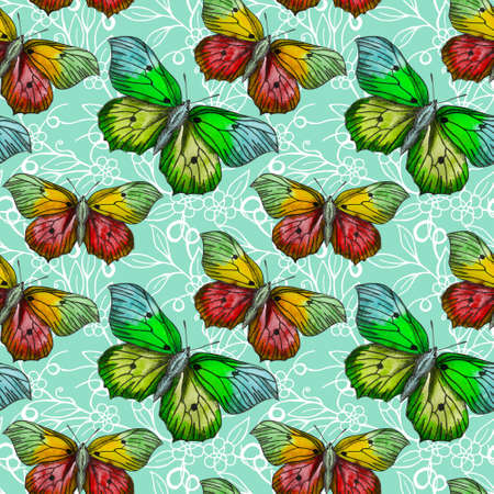 Butterflies moths insects animals fly. Seamless pattern with bytterflies. Wallpaper. Rose Chamomile Wildflowers Floral. Graphic flowers.  Beautiful seamless floral pattern with butterflies.の写真素材