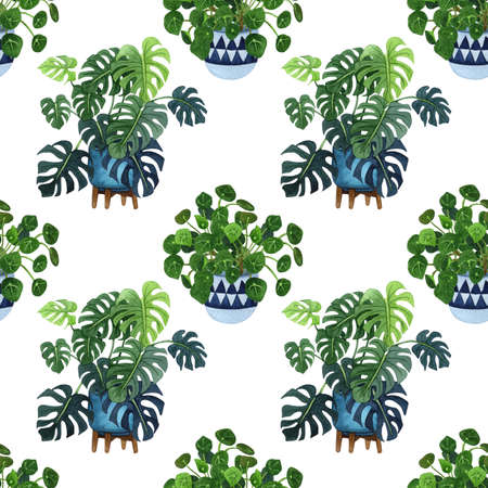 Indoor plant watercolor seamless pattern. Home plants, fig tree, ZZ Plant (Zamioculcas),  Snake Plant (Sansevieria),  Fiddle Leaf Fig,  missionary plants, ficus, monstera in a pot.の写真素材