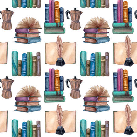 Watercolor Open and close Books seamless pattern. Watercolor texture. Back to school themed design. Seamless pattern with antique objects. Old and rare books together with artifacts.の写真素材