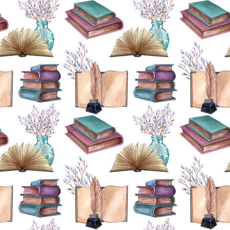 Watercolor Open and close Books seamless pattern. Watercolor texture. Back to school themed design. Seamless pattern with antique objects. Old and rare books together with artifacts.の写真素材