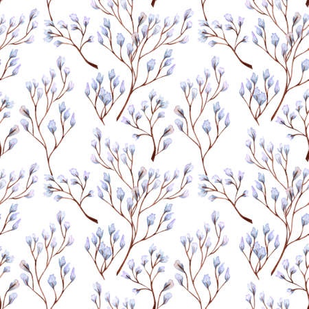 Seamless pattern with abstract leaves and twigs. Decorative floral design elements. Different leaves hand drawn with watercolor.の写真素材
