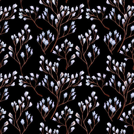 Seamless pattern with abstract leaves and twigs. Decorative floral design elements. Different leaves hand drawn with watercolor.の写真素材