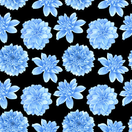Seamless pattern with dahlias or peonies on black background. Collection decorative floral design elements. Flowers, buds and leaf hand drawn with watercolor.の写真素材