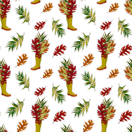 Watercolor hand drawn Thanksgiving seamless pattern. Maple and oak leaves, branches, bouquet. Autumn seamless pattern.の写真素材
