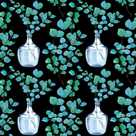Seamless pattern with green twig with leaves in a glass vase. Watercolor illustration of twig with fresh lives in vase isolated on white background.の写真素材