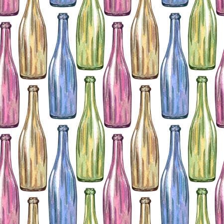 Seamless pattern with watercolor color glass bottles. Color transparent glass bottle. Seamless pattern on white background. Embty glass jar.の写真素材