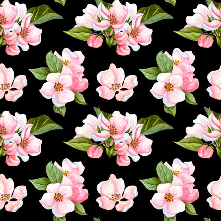 Watercolor seamless pattern of cherry flowers and leaves. Floral repeating pattern with hand drawn apple blossom branch.の写真素材