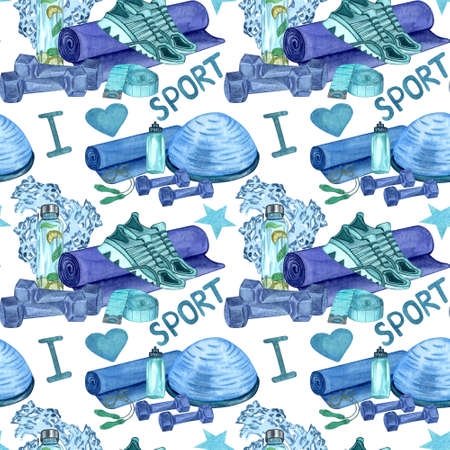 Watercolor seamless pattern of gym, sport or fitness stuff on white.  Repetating background with sports elements perfect for gretting gift paper or card making. I love sportの写真素材