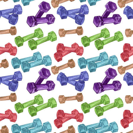 Watercolor seamless pattern of gym, sport or fitness stuff on white.  Repetating background with sports elements perfect for gretting gift paper or card making. I love sportの写真素材