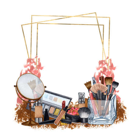 Hand drawn decorative cosmetics frame. Watercolor  make up products. Beauty background.  Make up clip artの写真素材