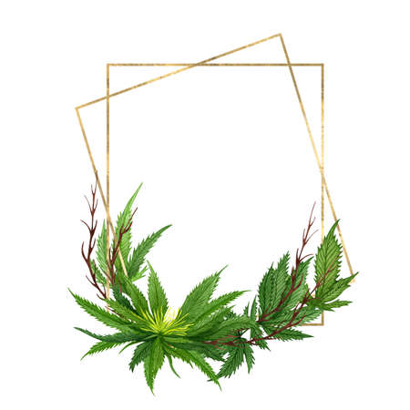 Watercolor cannabis frame. Hand drawn wild hemp plant wreath for greeting card, logo, frame or border.の写真素材