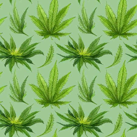 Watercolor cannabis seamless pattern. Hemp hand drawn pattern. Cannabis oil background on greenの写真素材