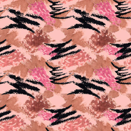 Watercolor make up seamless pattern. Hand drawn seamless cosmetics pattern with lipstick and mascara textures on pink  background.の写真素材