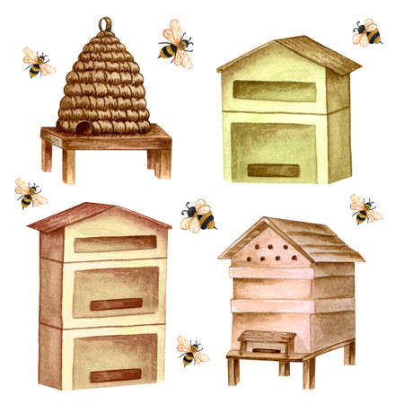 Handpainted beehives. Watercolor bee houses and honeybees set isolated on white background.