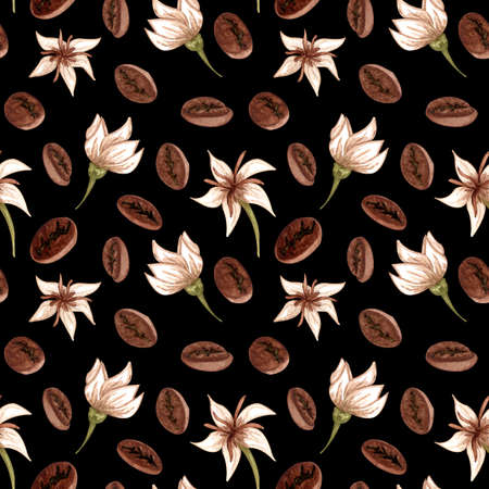 Watercolor coffee beans and plant seamless pattern. Hand drawn flowers and coffee on black background. Floral backdropの写真素材