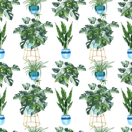 Watercolor Seamless pattern of different house plants. Hand drawn indoor green plants in flower pots. Decorative greenery backdrop perfect for fabric textile, scrapbooking or wrapping paper.の写真素材