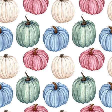 Watercolor pumpkins seamless pattern. Hand drawn autumn pumpkin with floral twigs. Fall backgroundの写真素材