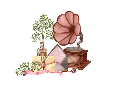Vintage illustration isolated on white. Hand Drawn watercolor composition of dried twig, gramophone, love letter, old key. Antique objects on white background.の写真素材