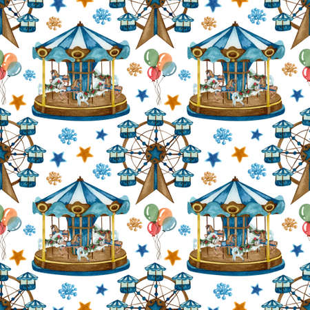 Watercolor seamless pattern with carousels nad balloons. Christmas market hand drawn background.の写真素材