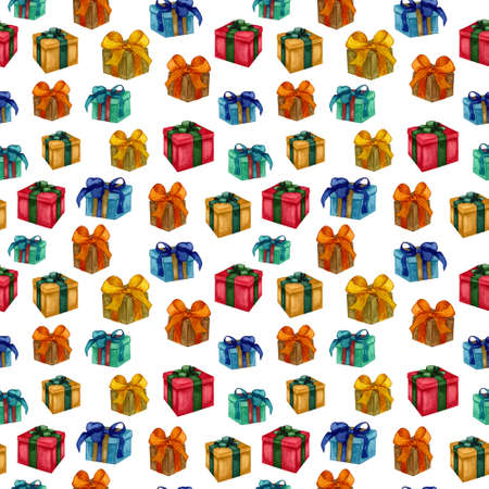 Watercolor seamless pattern with gift boxes. Hand drawn presents and gifts. Christmas backgroundの写真素材