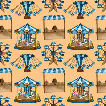 Watercolor seamless pattern with carousels nad balloons. Christmas market hand drawn background.の写真素材