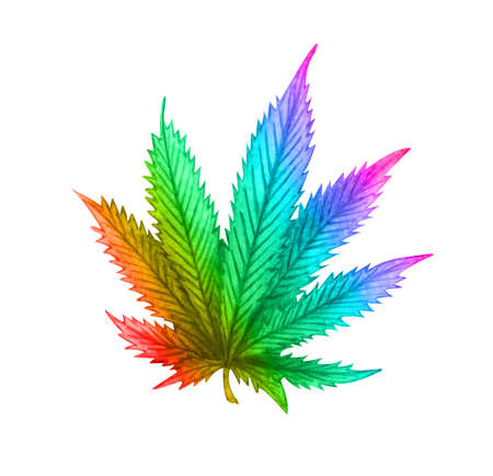 Rainbow cannabis leaf on white background. Hand drawn watercolor illustration.の写真素材