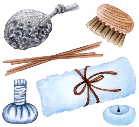 Set of spa objects, natural stones, bath salt, soap, candkes, water droplets. watercolor illustration SPA Clipartの写真素材